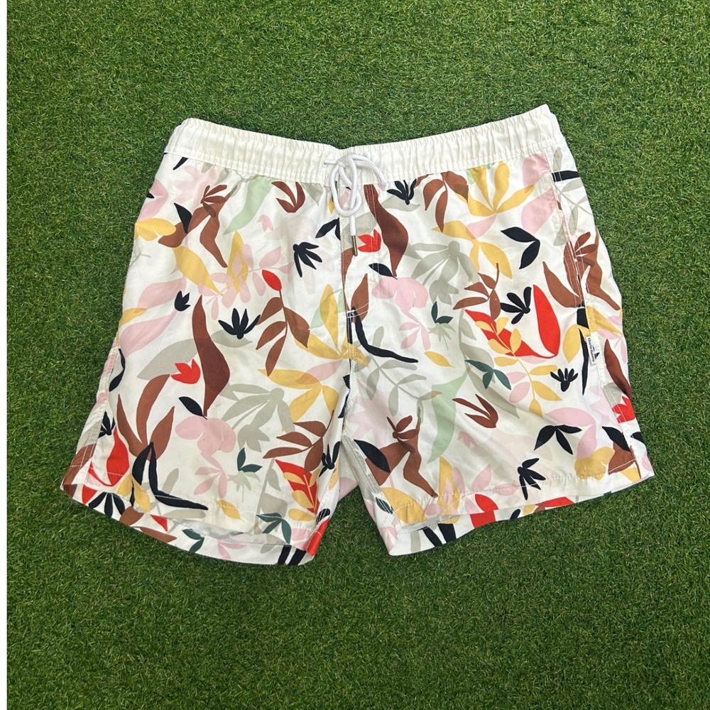Charlie Holiday Mens Abstract Botanical Leaf Print Swim Shorts White Size 36